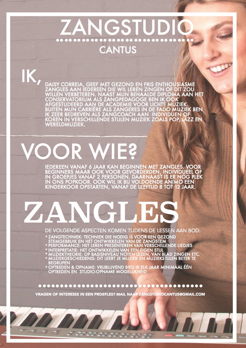 Poster Zangstudio Cantus: Daisy Correia geeft zangles – voor wie, wat er aan bod komt en contact via zangstudiocantus@gmail.com
